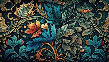 generativo ai, floreale colorato modello. William morris ispirato naturale impianti e fiori sfondo, Vintage ▾ illustrazione. fogliame ornamento. foto