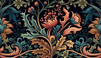 generativo ai, floreale colorato modello. William morris ispirato naturale impianti e fiori sfondo, Vintage ▾ illustrazione. fogliame ornamento. foto