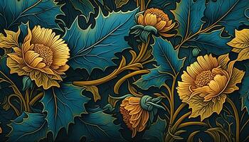 generativo ai, floreale giallo, blu, verde colori modello. William morris ispirato naturale impianti e fiori sfondo, Vintage ▾ illustrazione. fogliame ornamento. foto