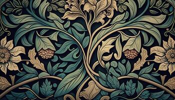 generativo ai, floreale colorato modello. William morris ispirato naturale impianti e fiori sfondo, Vintage ▾ illustrazione. fogliame ornamento. foto