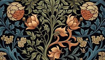 generativo ai, floreale colorato modello. William morris ispirato naturale impianti e fiori sfondo, Vintage ▾ illustrazione. fogliame ornamento. foto