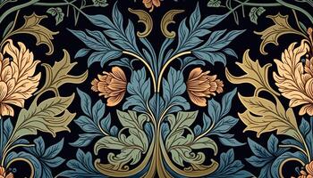 generativo ai, floreale colorato modello. William morris ispirato naturale impianti e fiori sfondo, Vintage ▾ illustrazione. fogliame ornamento. foto