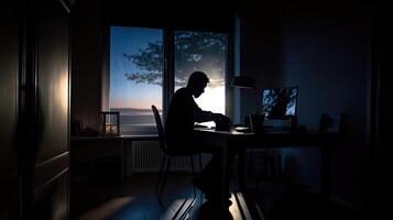 uomo lavori a partire dal casa uso il computer portatile a notte, lavorare troppo bruciato, libero professionista lavori a distanza a casa posto di lavoro. creato con generativo ai foto