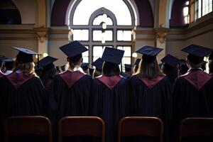 indietro Visualizza di laureati nel mortaio tavole e laurea breve abiti su la laurea cerimonia a il Università. riuscito la laurea a partire dal Università o alto scuola. creato con generativo ai foto