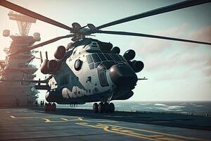 militare elicottero su nave da guerra tavola nel il mare. Marina Militare elicottero su tavola il aereo vettore. creato con generativo ai foto