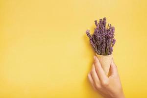 lavanda fiori nel un' cialda cono nel femmina mano su un' colorato sfondo. minimo estate o primavera concetto foto