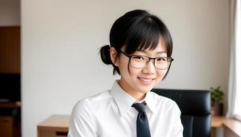 ritratto asiatico fiducioso corto capelli indossare bicchieri donna nel completo da uomo nel il ufficio , generativo arte di ai foto