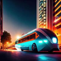 moderno concetto autobus nel il futuro con città sfondo, generativo arte di ai