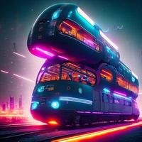 concetto arte di trasporto auto autobus con persone folla nel neon futuro città, generativo arte di ai foto