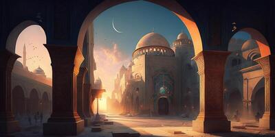 bellissimo moschea architettura a maghrib durante Ramadan, ai generato foto