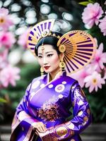 asiatico donna imperatore posa indossare Locale tradizionale vestire, generativo arte di ai foto