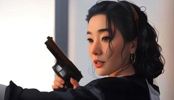 illustrazione asiatico donna con un' pistola, generativo arte di ai foto