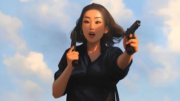 illustrazione asiatico donna con un' pistola, generativo arte di ai foto