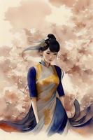 illustrazione acquerello disegno ritratto asiatico donna, generativo arte di ai foto