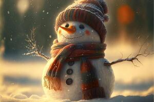 contento pupazzo di neve indossare maglia cappello e a maglia sciarpa nel il inverno neve a tramonto. ai generato foto