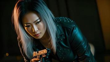 asiatico donna tiro un' pistola pistola , generativo arte di ai foto