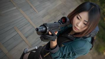 asiatico donna tiro un' pistola , generativo arte di ai foto