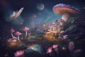 magico fantasia funghi nel incantata Fata racconto sognante elfo foresta con favoloso fiaba fioritura rosa rosa fiore e farfalla su misterioso sfondo, brillante raggiante stelle e Luna raggi nel notte foto