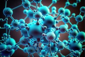 ai generato avvicinamento atomi virus cellule blu colore sfondo. chimico molecolare struttura. foto