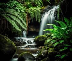 ai generato tropicale cascata con albero radici, rocce e verde muschio. foto