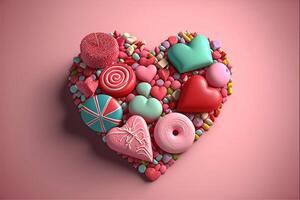 ai generato caramella per San Valentino giorno. cuore modello concetto su rosa sfondo. foto