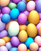 ai generato, Pasqua uova nel diverso colori, uno bianca uovo, rosa, giallo, blu, alto Visualizza, coloritamente uova, multicolore, vacanza sfondo foto