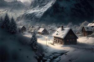 ai generato neve coperto villaggio annidato nel il montagne. foto