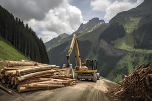 gru Caricamento in corso tagliare albero tronchi su pila su montagna foto