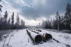 enorme industriale condutture di centrale riscaldamento sistema. neve su tubi foto