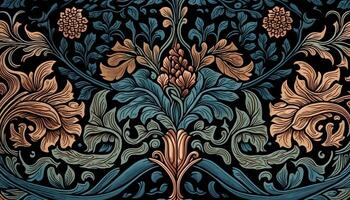 generativo ai, floreale colorato modello. William morris ispirato naturale impianti e fiori sfondo, Vintage ▾ illustrazione. fogliame ornamento. foto