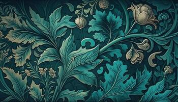 generativo ai, floreale verde acqua, verde blu modello. William morris ispirato naturale impianti e fiori sfondo, Vintage ▾ illustrazione. fogliame ornamento. foto