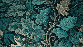 generativo ai, floreale verde acqua, verde blu modello. William morris ispirato naturale impianti e fiori sfondo, Vintage ▾ illustrazione. fogliame ornamento. foto