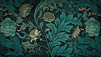 generativo ai, floreale verde acqua, verde blu modello. William morris ispirato naturale impianti e fiori sfondo, Vintage ▾ illustrazione. fogliame ornamento. foto