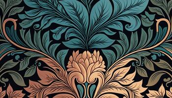 generativo ai, floreale colorato modello. William morris ispirato naturale impianti e fiori sfondo, Vintage ▾ illustrazione. fogliame ornamento. foto