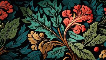 generativo ai, floreale colorato modello. William morris ispirato naturale impianti e fiori sfondo, Vintage ▾ illustrazione. fogliame ornamento. foto