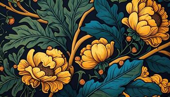 generativo ai, floreale giallo, blu, verde colori modello. William morris ispirato naturale impianti e fiori sfondo, Vintage ▾ illustrazione. fogliame ornamento. foto