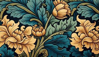 generativo ai, floreale colorato modello. William morris ispirato naturale impianti e fiori sfondo, Vintage ▾ illustrazione. fogliame ornamento. foto