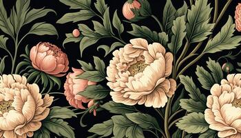 generativo ai, floreale colorato modello. William morris ispirato naturale impianti e fiori sfondo, Vintage ▾ illustrazione. fogliame ornamento. foto