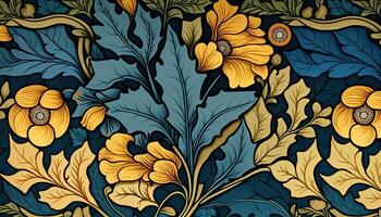 generativo ai, floreale giallo, blu, verde colori modello. William morris ispirato naturale impianti e fiori sfondo, Vintage ▾ illustrazione. fogliame ornamento. foto