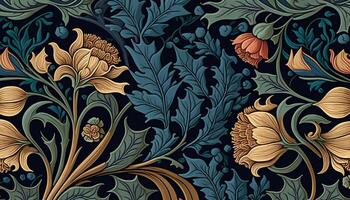 generativo ai, floreale colorato modello. William morris ispirato naturale impianti e fiori sfondo, Vintage ▾ illustrazione. fogliame ornamento. foto