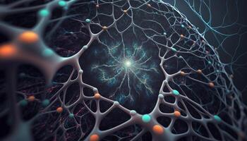 generativo ai, concettuale illustrazione di neurone cellule con raggiante collegamento nodi nel astratto buio spazio, alto risoluzione. umano nervoso sistema, neurale Rete foto