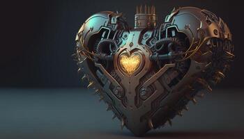 generativo ai, robot cuore nel cyberpunk stile, futuristico illustrazione. amore, sentimenti, romantico st. San Valentino giorno concetto. fantascienza sostituzione organo, realistico 3d effetto. foto