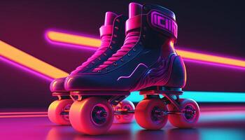 generativo ai, rullo pattinare nel cyberpunk stile, discoteca nostalgico anni 80, anni 90. neon notte luci vivace colori, fotorealistico orizzontale illustrazione di il futuristico città. sport attività concetto. foto