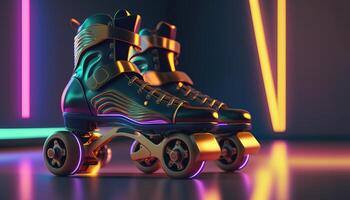 generativo ai, rullo pattinare nel cyberpunk stile, discoteca nostalgico anni 80, anni 90. neon notte luci vivace colori, fotorealistico orizzontale illustrazione di il futuristico città. sport attività concetto. foto