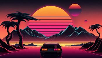 generativo ai, retrò auto nel retrò stile, nostalgico anni 80, anni 90. notte città paesaggio, tramonto colori, scifi, retrowave Vintage ▾ illustrazione. sole, edifici e uccelli. trasporto, automobile concetto. foto