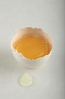 uovo rotto crudo su uno sfondo bianco foto