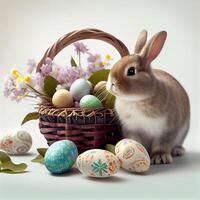 soffice Pasqua coniglietto con un' cestino di festivo Pasqua uova - ai generato Immagine foto