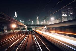 moderno alto velocità treno a notte. veloce treno nel città con movimento sfocatura effetto, pubblico trasporto. ferrovia trasporto. creato con generativo ai foto