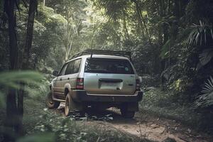 quattro ruota guidare suv è guida su fangoso strada nel giungla. camionetta su safari. creato con generativo ai foto