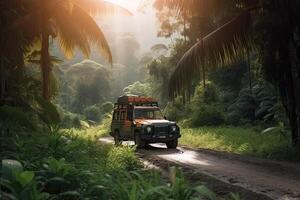 quattro ruota guidare suv è guida su fangoso strada nel giungla. camionetta su safari. creato con generativo ai foto